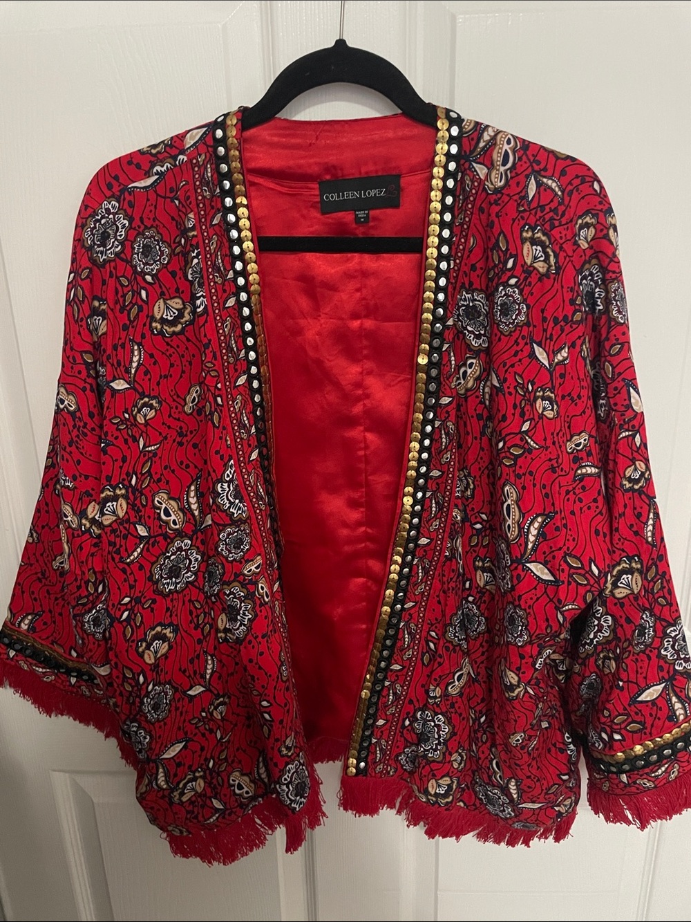 Colleen Lopez Red Floral Beaded Fringe Kimono
